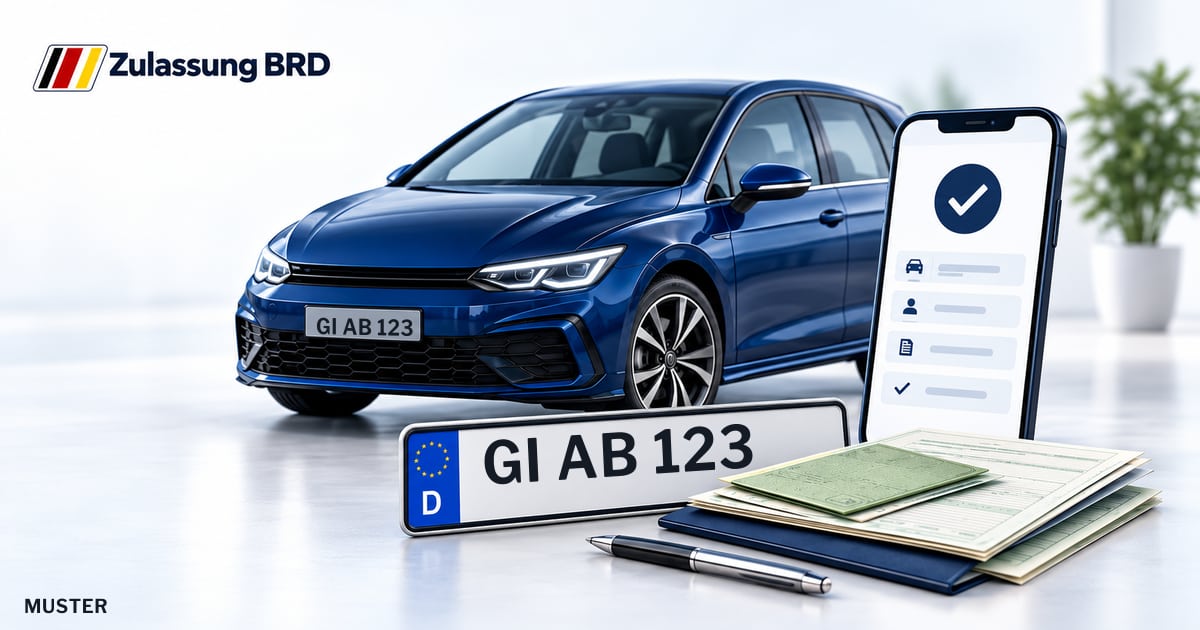Online Fahrzeugzulassung in Reiskirchen: Musterkennzeichen GI AB 123, Auto und Fahrzeugpapiere und Smartphone. Illustration mit Logo von Zulassung BRD.